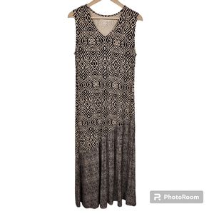 Soft Surroundings Brown Tan Sleeveless Geometric Print V Neck Maxi Dress Sz MP